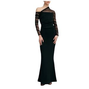 Marcella Monroe Black One Shoulder Long Sleeve Mermaid Sheer Formal Gown Sz L